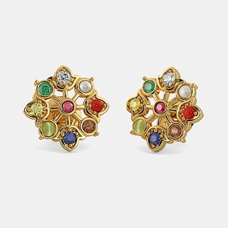                       Ceylonmine Navratna Stone Earrings Original & Unheated Gemstone Stud Navgrah Stone Earrings For Women & Girls                                              