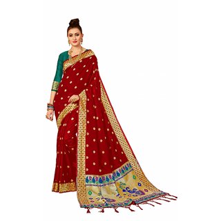 XAYA Clothings Women's Banarasi Silk Scarlet Red Colored Saree with Blouse Piece (PRS074-5)