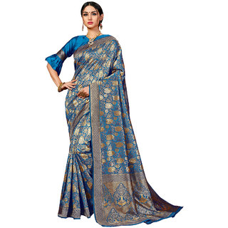 XAYA Clothings Women's Banarasi Silk Cobalt Blue Colored Saree with Blouse Piece (PRS079-1)