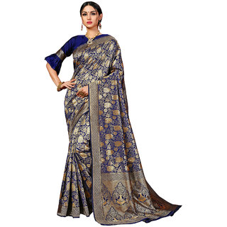 XAYA Clothings Women's Banarasi Silk Royal Blue Colored Saree with Blouse Piece (PRS079-3)