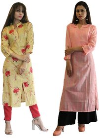 Fabclub Women's Cambric Cotton Printed Straight Designer Kurti (Pack of 2) (Yellow, Pink)