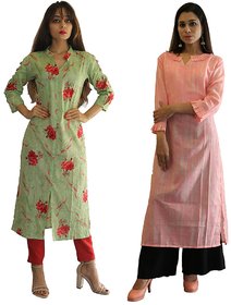 Fabclub Women's Cambric Cotton Printed Straight Designer Kurti (Pack of 2) (Light Green, Pink)