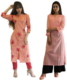 Fabclub Women's Cambric Cotton Printed Straight Stylish Trendy Kurti (Pack of 2) (Peach, Pink)