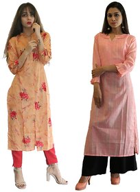 Fabclub Women's Cambric Cotton Printed Straight Fancy Kurti (Pack of 2) (Orange, Pink)