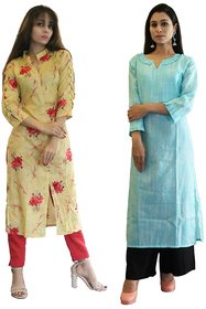 Fabclub Women's Cambric Cotton Printed Straight Designer Kurti (Pack of 2) (Yellow, Sky Blue)