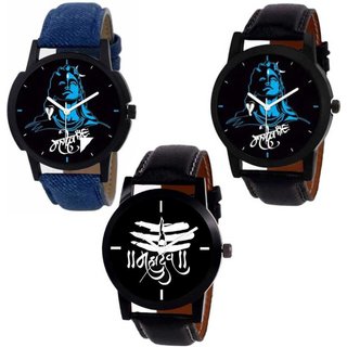 new stylish mahadev multicolor combo of 3 leather watch- combo  931