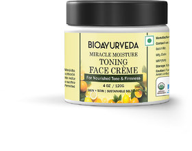 BIOAYURVEDA Miracle Moisture Toning Face Cream with Organic Ingredients to Hydrate and Soften Skin-Non-Sticky, Greasy and Skin Toning Cream for Lightening Dark Circles, Clog Pores, Acne, UV Rays Protection, Glowing Skin 120gm