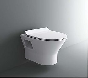 Inart Ceramic Glaze Wall Hung/Wall Mounted (Clean Rim) Rimless/Rimfree Water Closet Toilet With Slim Seat Cover (Standard, White)