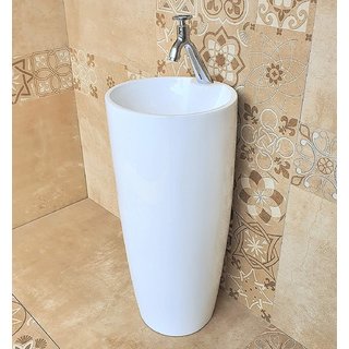 Inart Ceramic One Piece Pedestal Wash Basin Free Standing Size 15 X 15 Inch Round (White)