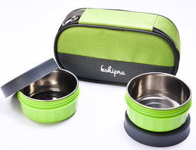 Passion Bazaar Kshipra Insulated Stainless Steel Fresh Bite 2 Lunch Box Green Color With 2-Ss Containers And Cushion Bag Cover Air Tight  Leak-Proof Lunch Box Set For Office Men, Women, School Kids