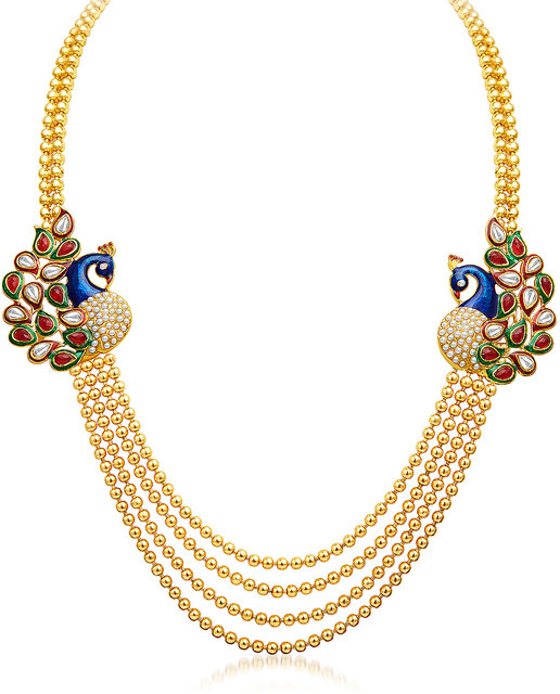 sukkhi gleaming peacock four strings gold plated necklace set