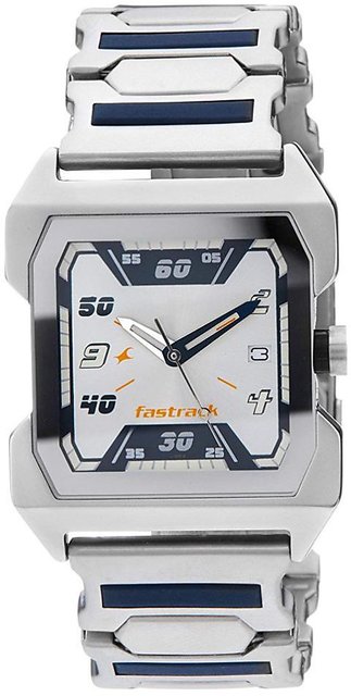 Fastrack Analog Quartz Silver Dial Rectangle Stainless Steel Strap Casual Watch for Men