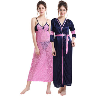Be You Women Navy Blue Satin Nighty Sets Nighty With Robe Free Size