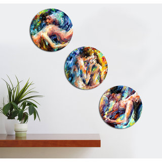                       Kartik Modern Art Couples Printed Round Wall Painting For Living Room With Wooden Frame And Without Glass - Set Of 3                                              
