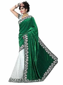 Today Deal Green And White Velvet And Brasso Embroidered Saree With Blouse For Women