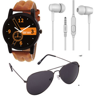 Wake Wood Analog Watch With Free Sunglasses + Ear Phone