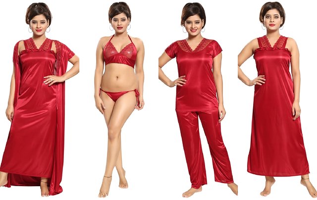 Romaisa Women`s Satin Nighty, Wrap Gown, Top, Pajama, Bra and