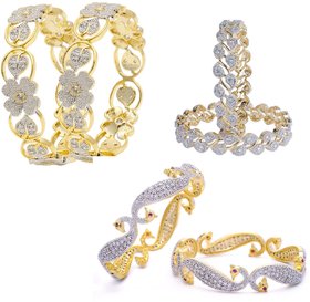 Jsd Facny Designer Gold Plated American Diamond Bangle Combo Pack Of 3 For Girl & Women
