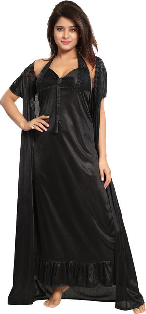 Buy REPOSEY Women's Satin Solid Maxi Length Nighty with Robe