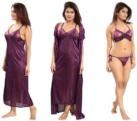 Reposey Purple Satin Solid Nighty With Robe, Bra and Panty Nightwear Sets