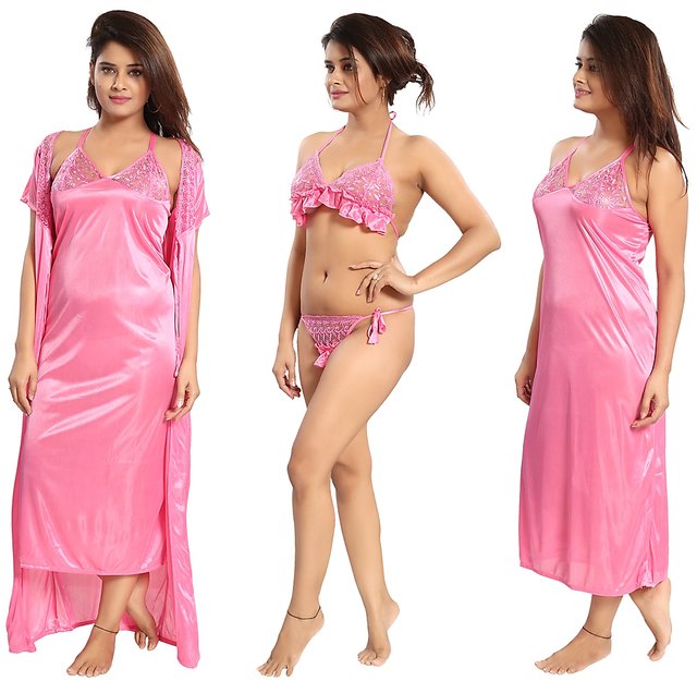 Buy Reposey Light Coral Satin Nighty With Robe, Bra And Panty