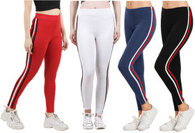 Eazy Trendz Womens Sports Yoga Gym Fitness Side Striped Jogger Tights Red Combo Pack Of 4 (Free Size)
