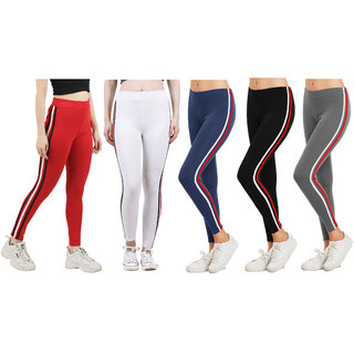 Eazy Trendz Womens Sports Yoga Gym Fitness Side Striped Jogger Tights Red Combo Pack Of 5 (Free Size)