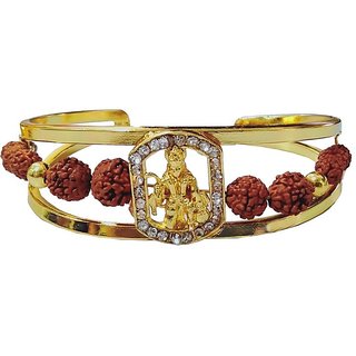                       Men Style Special Jai Veer Hanuman Elegant Premium Rudraksha Gold Brown Wood Brass Cuff                                              