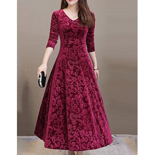 Westchic KF-Maroon Floral Velvet Long 