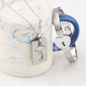 Silver Shine Classic Design Heart Lock And Key Couple Bracelet Set For Couples Men And Women