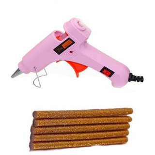                       Pink Glue Gun With 5 Golden Glitter Stick (Leak Proof)                                              