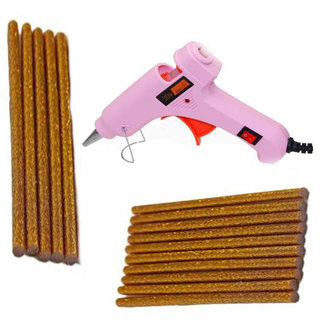                       Pink Glue Gun With 15 Golden Glitter Stick (Leak Proof)                                              