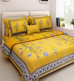 Frionkandy Cotton Kashmiri Flower Print Yellow Double Bed Sheet With 2 Pillow Covers - (82 X 92 Inch) - Shkap1055