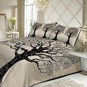 Frionkandy Cotton Tree Print Beige  Black Double Bed Sheet With 2 Pillow Covers - (82 X 92 Inch ) - Shkap1069