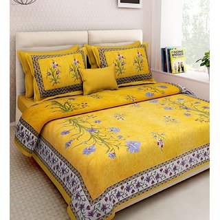 Frionkandy Cotton Kashmiri Flower Print Yellow Double Bed Sheet With 2 Pillow Covers - (82 X 92 Inch) - Shkap1055