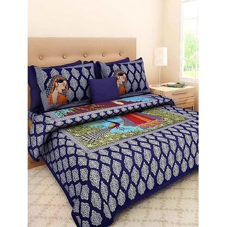 Frionkandy Cotton Traditional Print Blue Double Bed Sheet With 2 Pillow Covers - (82 X 92 Inch, 120 Tc) - Shkap1079