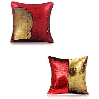                       Kartik Sequin Mermaid Throw Pillow Cover With Color Changing Reversible Paulette (Red And Golden) Set Of 2 (12X12)                                              