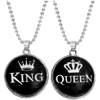                       Men Style Valentine Gift Couple King Queen Black White Stainless Steel Crystal Necklace Pendant                                              