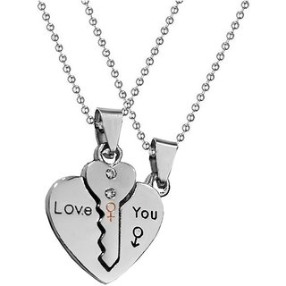                       Men Style Valentine Gift Couple Heart Lock Key Silver Stainless Steel Necklace Pendant                                              