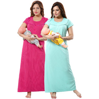 Be You Pink-Green Cotton Women Maternity Nighty For Feeding (Pack Of 2) - Free Size