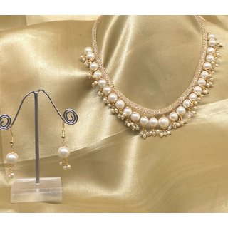                       Designer Ad Filled Chain With Pearl Ethnic Jewelry Necklace Earrings Set                                              