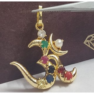 Om Pendant With Natural Navratan / Navgrah Stone's Astrological Lab Certified Astrological - Ceylonmine Om Pendant With Natural Navratan / Navgrah Stone's Astrological Lab Certified Astrological - Ceylonmine