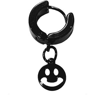                       Men Style Smily Symbol Charm Drop Huggie Black Stainless Steel Hoop Earring                                              
