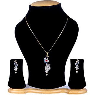                       JSD Gold Plated American Diamond Peacock Shape Pendant Set With Earring For Girl & women                                              