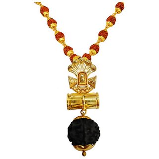                       Men Style Lord Shiv Shivling Sheshnag Damaru Gold Brown Brass Wood Locket Rudraksha mala                                              