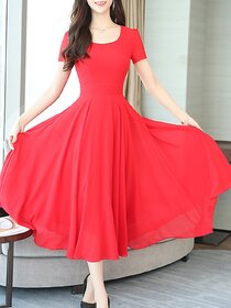 Vivient Women Red Plain Round Neck Georgette Maxi Dress