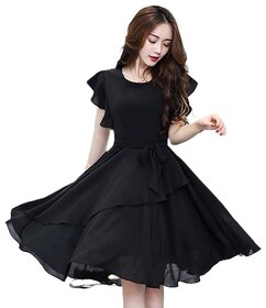 Vivient Women Black Solid Flair Georgette Short A Line Dress