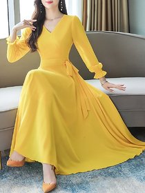 Vivient Yellow Plain Georgette Full Sleeves A Line Dress For Women