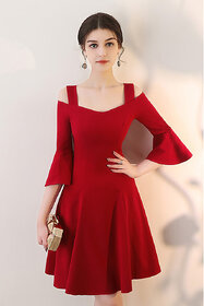 Vivient Women Red Bell Sleeve Cold Sholder Hosery Short Dress