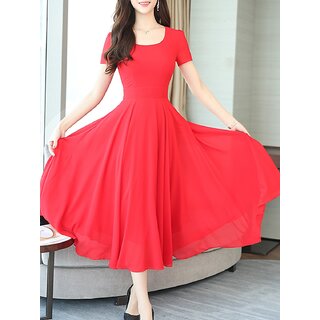                       Vivient Women Red Plain Round Neck Georgette Maxi Dress                                              